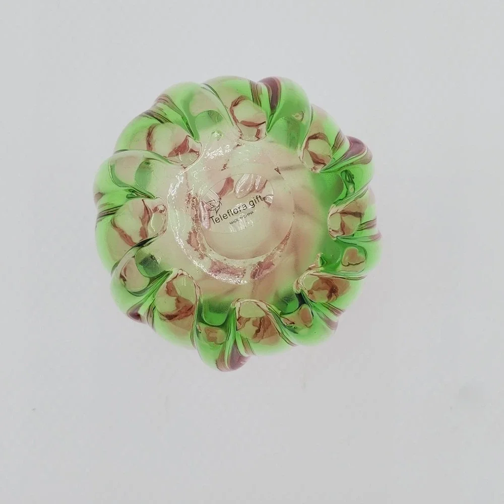 Vintage Teleflora Vase Hand Blown Glass Pink to Green Swirl & Ruffled Rim 7.5